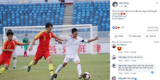 Trong khi đó, cầu thủ Triệu Việt Hưng chia sẻ hình ảnh trong trận giao hữu với U22 Trung Quốc. Đồng thời đội trưởng tuyển U22 Việt Nam cám ơn sự ủng hộ mà người hâm mộ đã dành cho anh cũng như toàn đội.