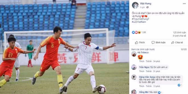Trong khi đó, cầu thủ Triệu Việt Hưng chia sẻ hình ảnh trong trận giao hữu với U22 Trung Quốc. Đồng thời đội trưởng tuyển U22 Việt Nam cám ơn sự ủng hộ mà người hâm mộ đã dành cho anh cũng như toàn đội.