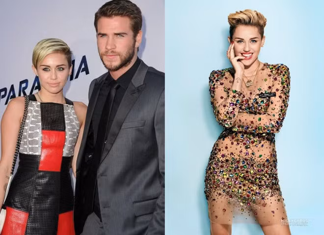 Tháng 8/2013 (ảnh trái) là sự kiện cuối cùng Cyrus sánh đôi bên Hemsworth trước khi tuyên bố hủy hôn. Sau khi chia tay, Miley Cyrus trở lại showbiz với hình tượng nổi loạn, cắt tóc ngắn và mặc phản cảm. Đỉnh điểm là trên sân khấu MTV Video Music Awards 2013, nữ ca sĩ khiến dư luận dậy sóng vì diện đồ gần như khỏa thân, biểu diễn gợi dục cùng đồng nghiệp Robin Thicke. MV Wrecking Ball cũng được phát hành vào thời điểm này. Cựu công chúa Disney từng thừa nhận vô cùng hối hận đã khỏa thân và khóc lóc trong MV ca khúc trên.