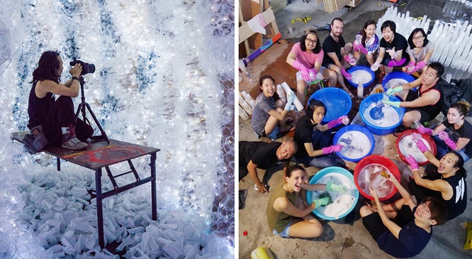 Các tình nguyện viên đã thu thập khoảng 18.000 cốc nhựa trong 1,5 ngày và dành 28 giờ để làm sạch chúng. Sau đó, họ biến những chiếc cốc cũ thành một “hang động pha lê” huyền ảo để làm bối cảnh cho dự án.