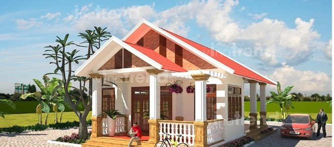 Mái ngói đỏ, trang trí đá hoa cương màu vàng, cửa gỗ...cùng không gian yên tĩnh của sân vườn là dạng thiết kế hợp với các cặp gia đình lớn tuổi muốn nghỉ ngơi.