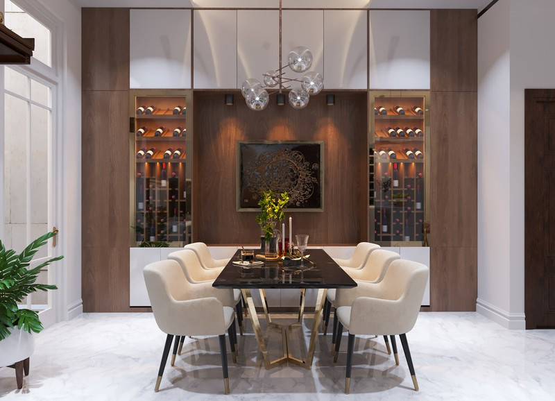 Chân bàn làm bằng kim loại, cao khỏi mặt sàn tạo sự thông thoáng cho phần bên dưới.