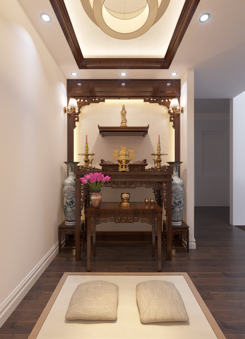 Phòng thờ trang trí giản tiện nhưng vẫn thẫm mỹ và ấm cúng, phù hợp với không gian tâm linh.