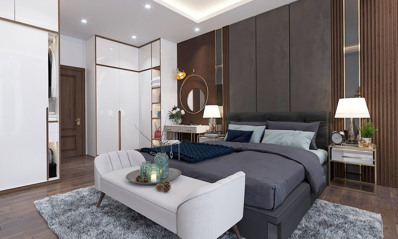 Phòng ngủ chính sử dụng nội thất đơn giản, ít chi tiết trang trí cầu kỳ.