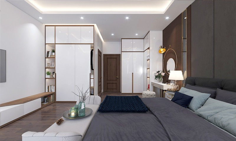 Tủ âm tường đảm nhận việc lưu trữ để căn phòng lúc nào cũng gọn gàng, sạch sẽ.