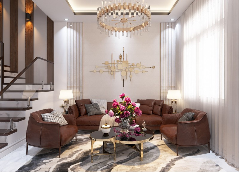 Bộ ghế sofa màu nâu khiến căn phòng không bị chói.