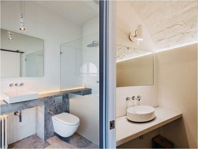 Phòng tắm nhỏ xinh, thoáng sáng với màu trắng làm chủ đạo.