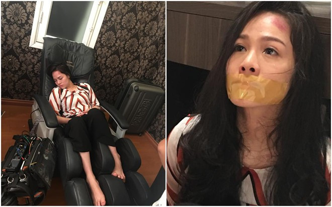 Tương tự Lâm Vỹ Dạ, Nhật Kim Anh cũng tranh thủ chợp mắt khi đoàn làm phim tạm nghỉ ngơi. Trong ảnh được chia sẻ, bà mẹ một con nằm ngủ trên ghế giữa các cảnh quay. Cô còn bị bầm dập phải băng bó khi thực hiện nhiều phân đoạn trong phim Tiếng sét trong mưa.