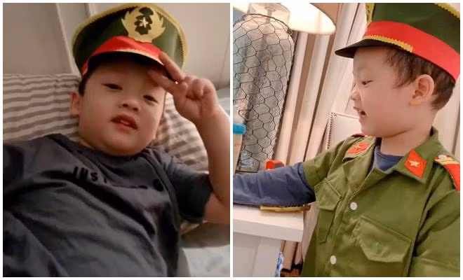 Em thích mặc đồ công an để phạt mẹ vì tội làm việc quá nhiều: "9h tối rồi, mẹ có định dừng làm việc lại để đi ngủ không đây? Lần đầu con chỉ nhắc nhở thôi nhé. Lần sau con phạt mẹ ngủ không được ôm con".