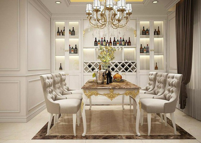 Phòng ăn bắt mắt với những chi tiết thiết kế vô cùng chỉn chu mang phong cách Châu Âu.
