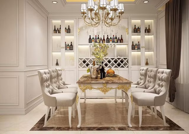 Phòng ăn bắt mắt với những chi tiết thiết kế vô cùng chỉn chu mang phong cách Châu Âu.