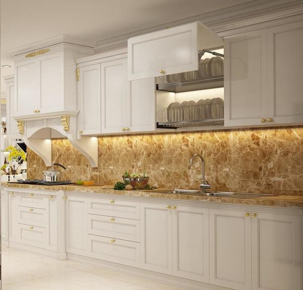 Căn bếp đơn giản, tông màu trắng sạch sẽ.