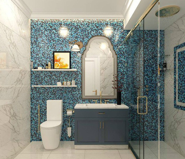 Phòng tắm cũng được trang trí tỉ mỉ, hài hoà về màu sắc.