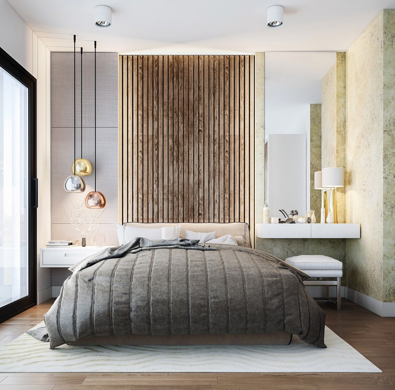 Bức tường đầu giường làm bằng thanh gỗ, mang lại vẻ ấm cúng cho căn phòng.