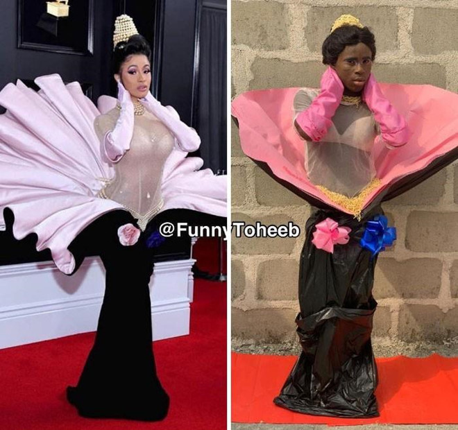 Một ít túi nylon đen, giấy gói quà màu hồng, thêm ít ruy băng là có ngay bộ váy dự thảm đỏ cầu kỳ của nữ nghệ sĩ Cardi B.