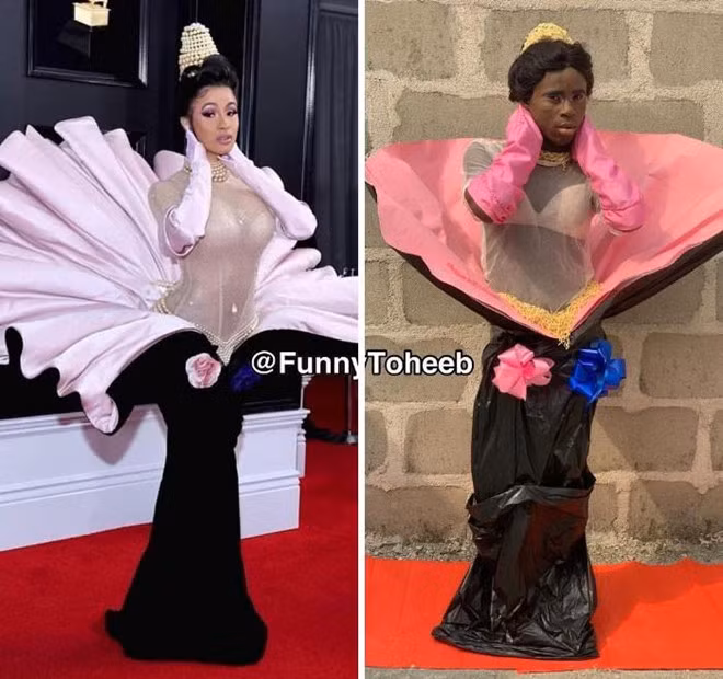 Một ít túi nylon đen, giấy gói quà màu hồng, thêm ít ruy băng là có ngay bộ váy dự thảm đỏ cầu kỳ của nữ nghệ sĩ Cardi B.