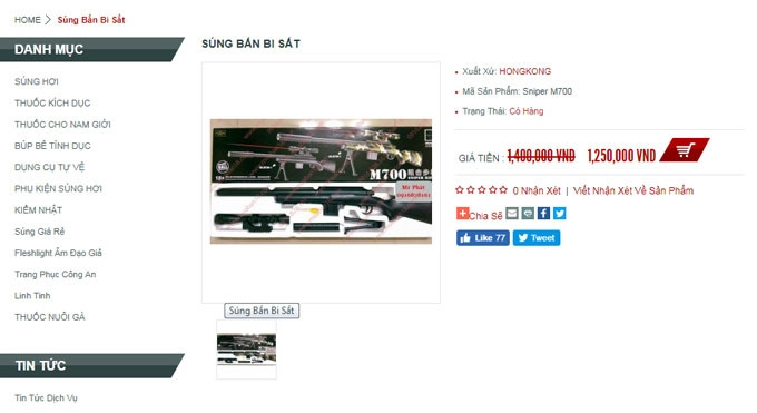 Một trang web bán súng công khai trên mạng.
