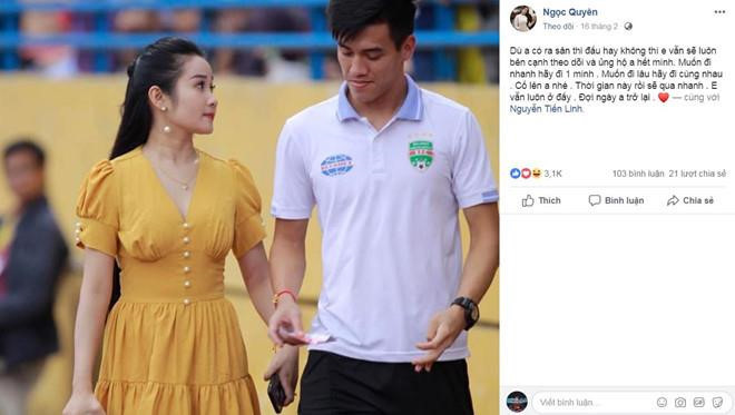 Vì yêu xa, Ngọc Quyên không có nhiều thời gian bên cạnh Tiến Linh. Nhưng cô là một trong những nàng WAGs thường xuyên thể hiện tình cảm, sự quan tâm cho bạn trai. Đầu tháng 3 vừa qua, trước thông tin Tiến Linh bị loại khỏi danh sách dự vòng loại U23 châu Á, bạn gái của cầu thủ này chia sẻ trên mạng xã hội an ủi chân sút CLB Bình Dương. "Người đàn ông của em mệt rồi. Nghỉ ngơi để trở lại thôi nào. Ngoài kia nếu có khó khăn quá đừng bỏ cuộc anh nhé. Có em và gia đình luôn bên cạnh. Dừng một bước để bước 1.000 bước. Cố lên nào anh", cô viết trên trang cá nhân. Ảnh chụp màn hình.