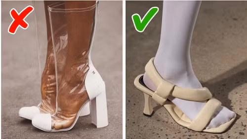  Giày trong suốt. Nhiều nhà thiết kế thời trang tỏ ra ngạc nhiên khi giày trong suốt lại được ưa chuộng lâu đến vậy. Quả thực, thiết kế này khiến người dùng không thoải mái, không thân thiện với môi trường, dễ gây “ức chế” người nhìn.
