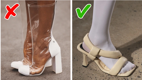  Giày trong suốt. Nhiều nhà thiết kế thời trang tỏ ra ngạc nhiên khi giày trong suốt lại được ưa chuộng lâu đến vậy. Quả thực, thiết kế này khiến người dùng không thoải mái, không thân thiện với môi trường, dễ gây “ức chế” người nhìn.