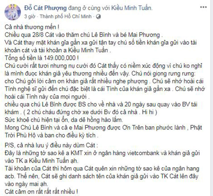 Cát Phượng cũng trao tận tay số tiền mọi người hỗ trợ nghệ sĩ Lê Bình. "Sức khỏe chú hiện tại ổn, da dẻ hồng hào lắm", cô tiết lộ.