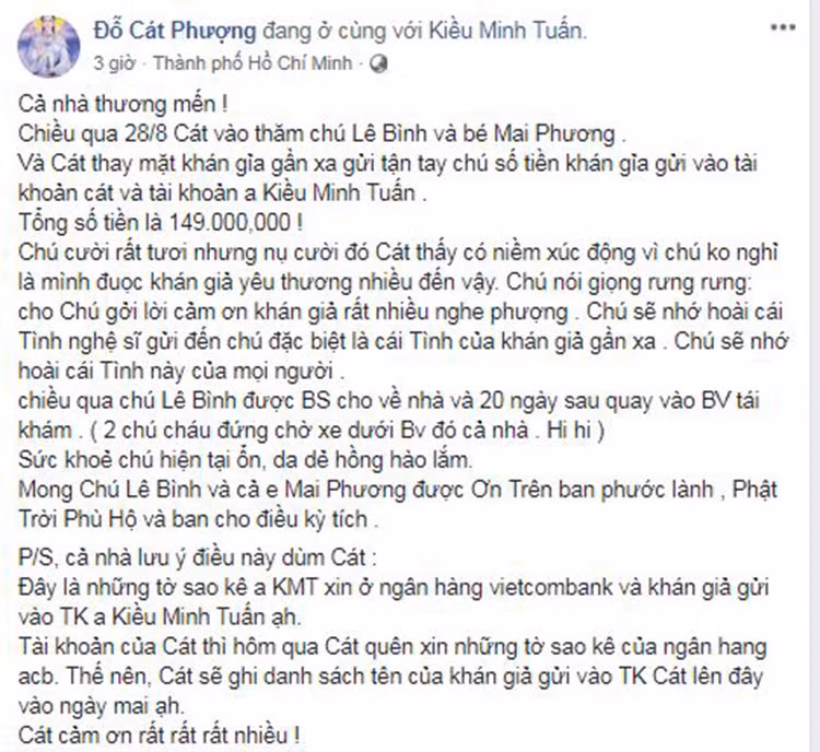 Cát Phượng cũng trao tận tay số tiền mọi người hỗ trợ nghệ sĩ Lê Bình. "Sức khỏe chú hiện tại ổn, da dẻ hồng hào lắm", cô tiết lộ.