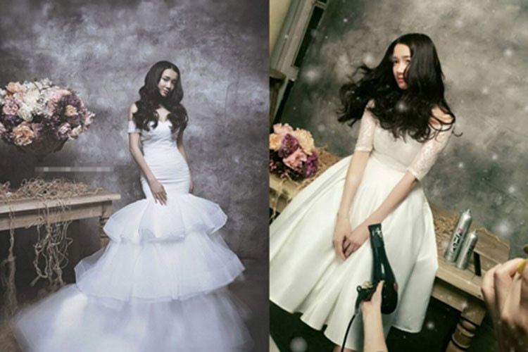 Nhã Phương xinh đẹp ở hậu trường chụp ảnh trong trang phục cô dâu. Ảnh: FBNV