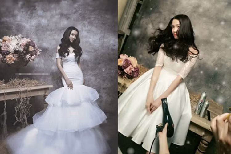 Nhã Phương xinh đẹp ở hậu trường chụp ảnh trong trang phục cô dâu. Ảnh: FBNV