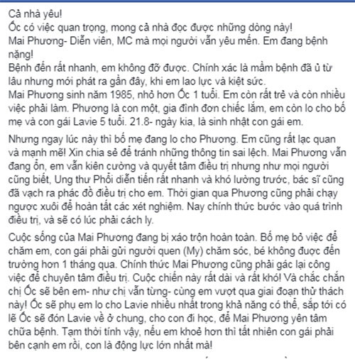 Oc Thanh Van tiet lo tinh hinh benh tinh moi nhat cua Mai Phuong-Hinh-3