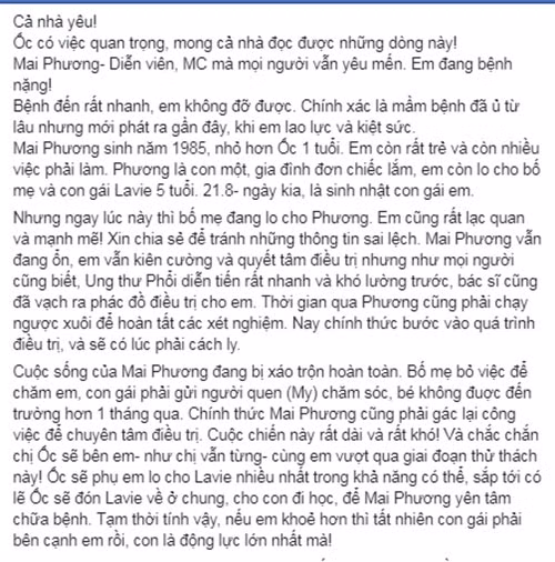 Oc Thanh Van tiet lo tinh hinh benh tinh moi nhat cua Mai Phuong-Hinh-3