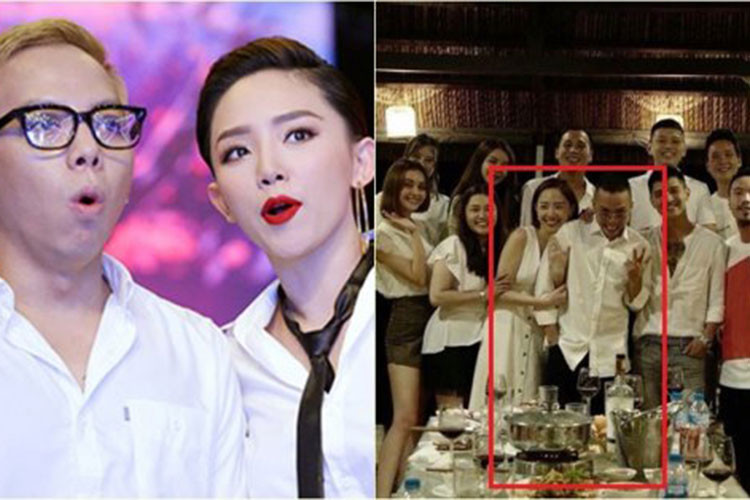 Gần đây, dân mạng xôn xao hình ảnh Tóc Tiên được Hoàng Touliver cầu hôn. Tuy nhiên, đây chỉ là màn góp vui của cặp đôi tin đồn trong bữa tiệc chúc mừng người quản lý của Hoàng Touliver sắp cưới. Ảnh: Saostar