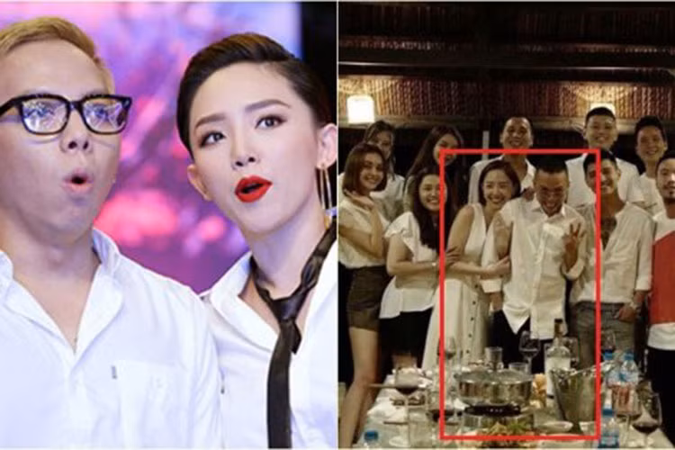 Gần đây, dân mạng xôn xao hình ảnh Tóc Tiên được Hoàng Touliver cầu hôn. Tuy nhiên, đây chỉ là màn góp vui của cặp đôi tin đồn trong bữa tiệc chúc mừng người quản lý của Hoàng Touliver sắp cưới. Ảnh: Saostar