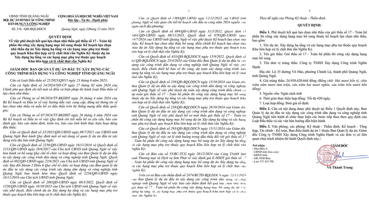 Quang Ngai: Cty Nghia Hanh 1 thang trung 3 goi thau hon 150 ty