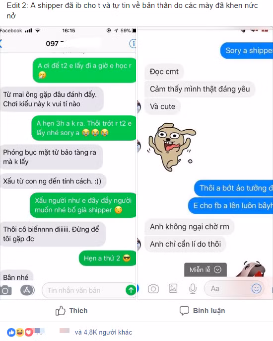 Đoạn tin nhắn của anh shipper vui tính với vị khách hàng.