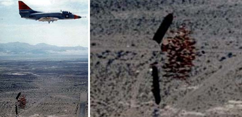 Một quả bom chùm trong chiến tranh Việt Nam, các loại bom chùm như CBU-24 không những gây ra sát thương lớn khi sử dụng mà còn để lại hậu quả nghiêm trọng tới tận bây giờ vì rất nhiều quả bom con bị xịt rơi xuống đất còn chưa phát nổ, có thể gây sát thương cho những người vô tội sau này khi vô tình vấp phải. Nguồn ảnh: Wiki.