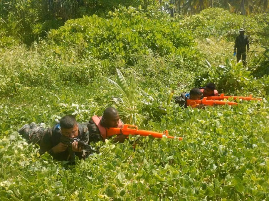 Các binh sĩ thực hiện bài tập nằm bắn trên bãi cỏ ven biển. Những khẩu súng nhựa trong tay họ trông khá ngộ nghĩnh, thoạt nhìn giống như một trò chơi đánh trận chứ không phải là hoạt động huấn luyện của quân đội chính quy. Nguồn ảnh: Sina