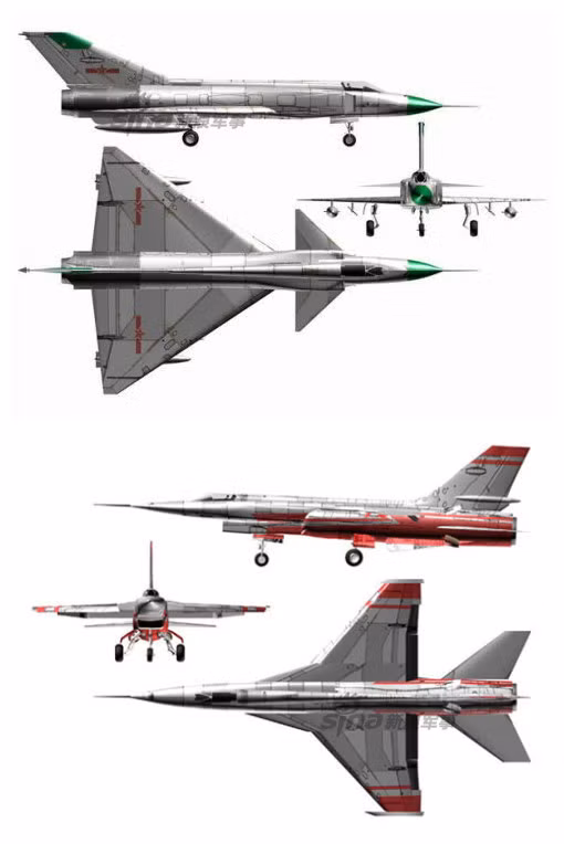 Tới đầu những năm 80, động cơ WS-9 đã được Trung Quốc "nhái" thành công từ động cơ Rolls-Royce Spey Mk. 202 của Anh. Tuy nhiên, nếu muốn đạt được công suất trên giấy của chiếc J-13 thì chiếc máy bay này lại phải mang theo 2 động cơ WS-9, điều này sẽ kéo theo việc phải thiết kế lại hoàn toàn phần khung máy bay do nó vốn dĩ chỉ được thiết kế với một động cơ. Ảnh: Những mẫu thiết kế phác thảo hình dáng của J-13 Trung Quốc. Nguồn ảnh: Airforce.