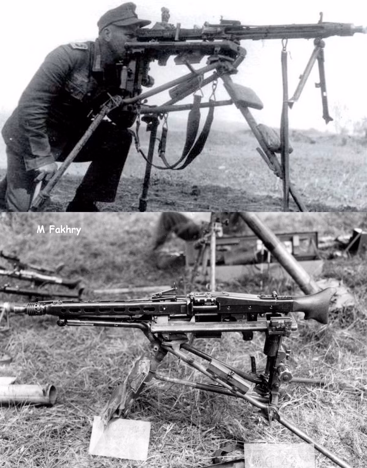 Có trọng lượng 11,57 kg, khẩu MG-42 có tổng chiều dài 1220 mm và có chiều dài nòng súng đạt 533 mm. Sử dụng cỡ đạn 7,92x27 mm, súng bắn theo cơ chế cò lùi trích khí ngược và khóa xoay nòng. Nguồn ảnh: Pinterest.