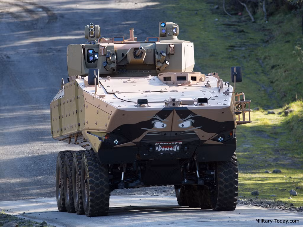 Terrex 3 có thiết kế khá hầm hố với cấu hình 8x8 bánh. Xe có chiều dài 8 m, rộng 3,6 m, cao 2,8 m, trọng lượng chiến đấu 35 tấn. Ê kíp vận hành 3 người, xe có thể chở theo 10 binh lính với đầy đủ trang bị. Ảnh: Military Today