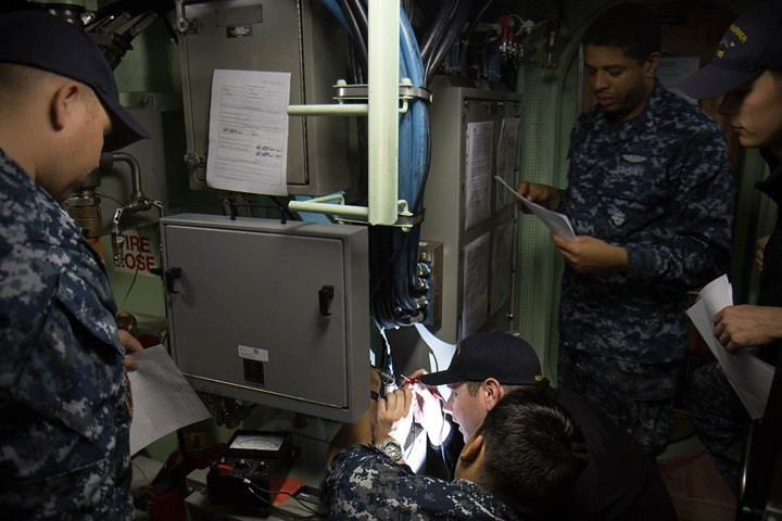 Một nhóm thủy thủ đang kiểm tra bảo dưỡng các thiết bị điện ở tầng giữa của tàu ngầm.