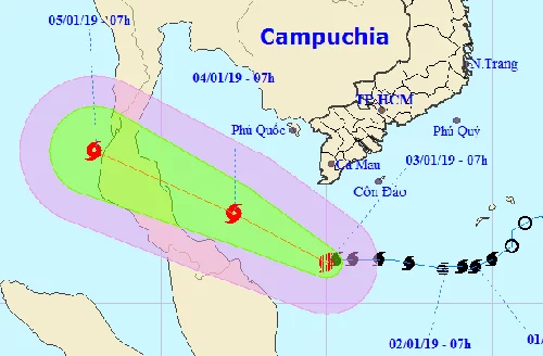Không chỉ Việt Nam, một số nước khác như Malaysia, Thái Lan... cũng bị ảnh hưởng bởi bão Pabuk. Ảnh: Đường đi của bão Pabuk vào đất liền.