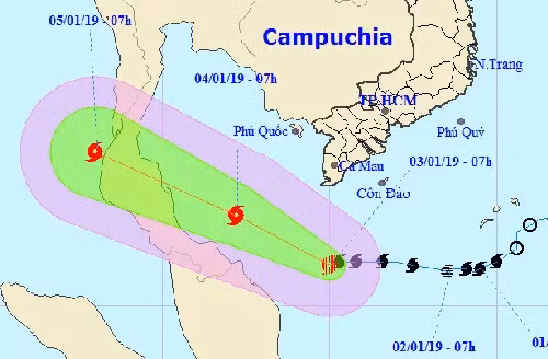 Không chỉ Việt Nam, một số nước khác như Malaysia, Thái Lan... cũng bị ảnh hưởng bởi bão Pabuk. Ảnh: Đường đi của bão Pabuk vào đất liền.