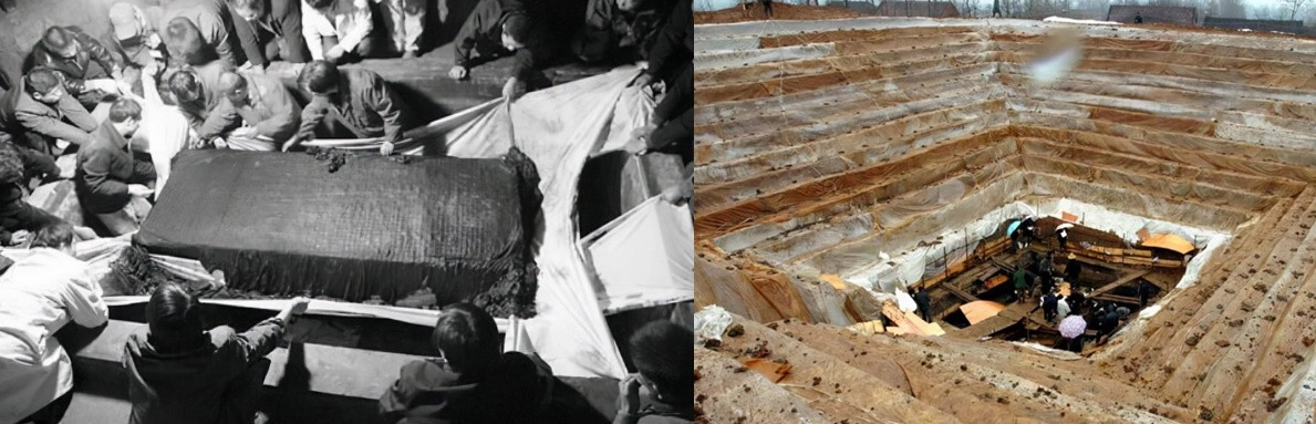 Vào tháng 10/2017, người dân ở làng Thanh Hà, thị trấn Quan Tự, thành phố Kinh Châu, tỉnh Hồ Bắc, Trung Quốc đào ao để thả cá cạnh một gò đất. Trong quá trình thi công, họ phát hiện loại đất lạ có màu xanh nghi liên quan đến mộ cổ. Do vậy, họ nhanh chóng thông báo giới chức trách và các nhà khảo cổ. Theo đó, một lăng mộ thời Tây Hán được tìm thấy.