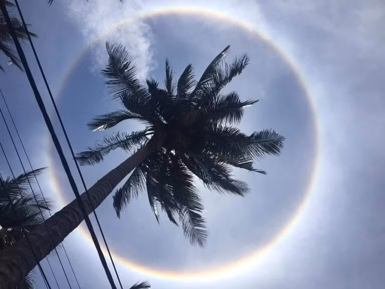 Một số tỉnh thành ở Việt Nam từng ghi nhận hiện tượng hào quang mặt trời. Trong đó, vào trưa ngày 28/3/2022, hào quang mặt trời xuất hiện trên bầu trời ở huyện Vạn Ninh, tỉnh Khánh Hòa. Ảnh Pi/Lao động.