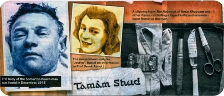 Dòng chữ bí ẩn: Tháng 12/1948, xác một người đàn ông không rõ danh tích được tìm thấy trên bãi biển Somerton nằm ở Adelaide, Australia. Điều kỳ lạ là trong một túi áo của người này có một mẩu giấy với dòng chữ "Tamam Shud", nghĩa là "kết thúc". Mặc dù các chính phủ trên thế giới cố gắng xác định người đàn ông này là ai nhưng đến nay danh tính của người này vẫn là một bí ẩn.