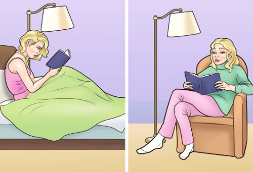 7. Đọc sách trên giường. Đọc sách giúp bạn dễ ngủ, thêm kiến thức. Đáng lưu ý, bạn nên ngồi ghế đọc sách thay vì ngồi trên giường. Tư thế đọc sách trên giường có thể dẫn đến tình trạng cứng vai và lưng, căng thẳng ở cột sống cùng các cơ ở lưng dưới, dẫn đến đau nhức.