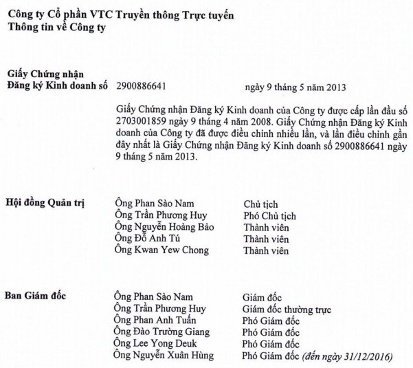 Cuối năm 2016, báo cáo tài chính của VTC online vẫn ghi nhận Phan Sào Nam giữ chức vụ Chủ tịch HĐQT kiêm Tổng giám đốc. Ảnh: Người Đưa Tin.