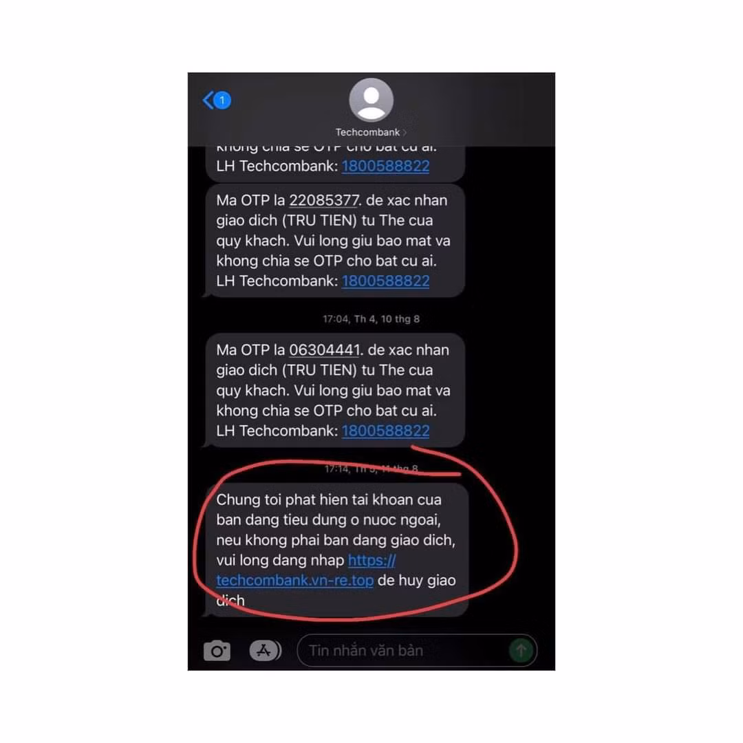 4. Tin nhắn xác nhận giao dịch ngân hàng: Những tin nhắn này chứa thông tin chi tiết về số dư và giao dịch của bạn. Nếu bị kẻ gian tiếp cận, chúng có thể dùng để thực hiện hành vi gian lận tài chính. (Ảnh: Công an)