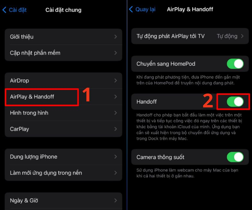 Bật tính năng Handoff trong Cài đặt &gt; Cài đặt chung &gt; Airplay&amp;Handoff. Chọn WiFi trên thiết bị đã kết nối, chia sẻ mật khẩu qua thông báo.
