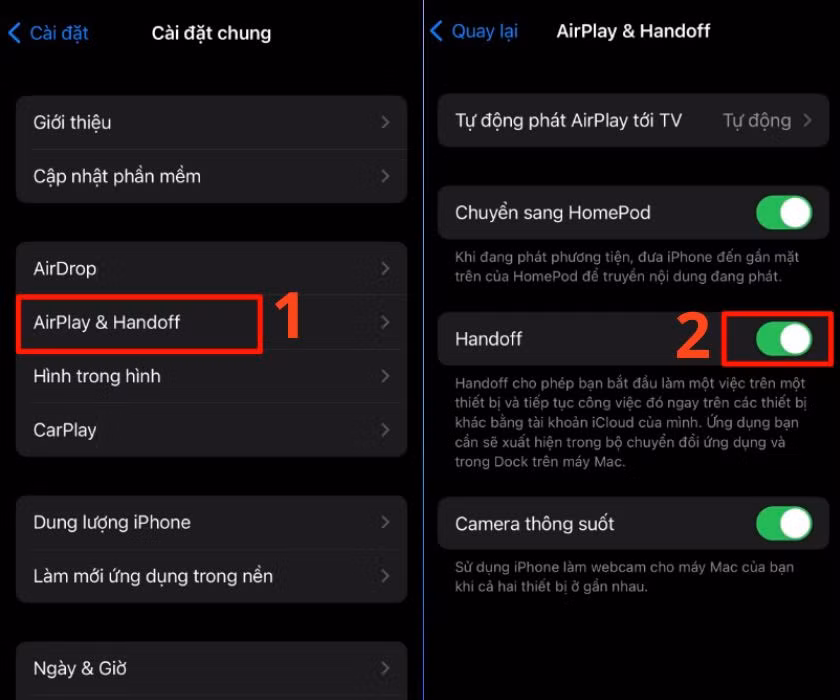 Bật tính năng Handoff trong Cài đặt > Cài đặt chung > Airplay&amp;Handoff. Chọn WiFi trên thiết bị đã kết nối, chia sẻ mật khẩu qua thông báo.